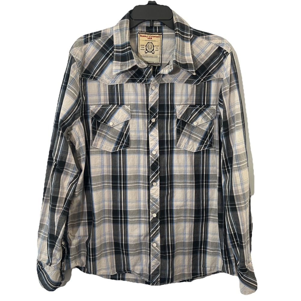Supply Company USA Men Button Up Shirt‎ Large Blue Plaid Pearl Snap Western